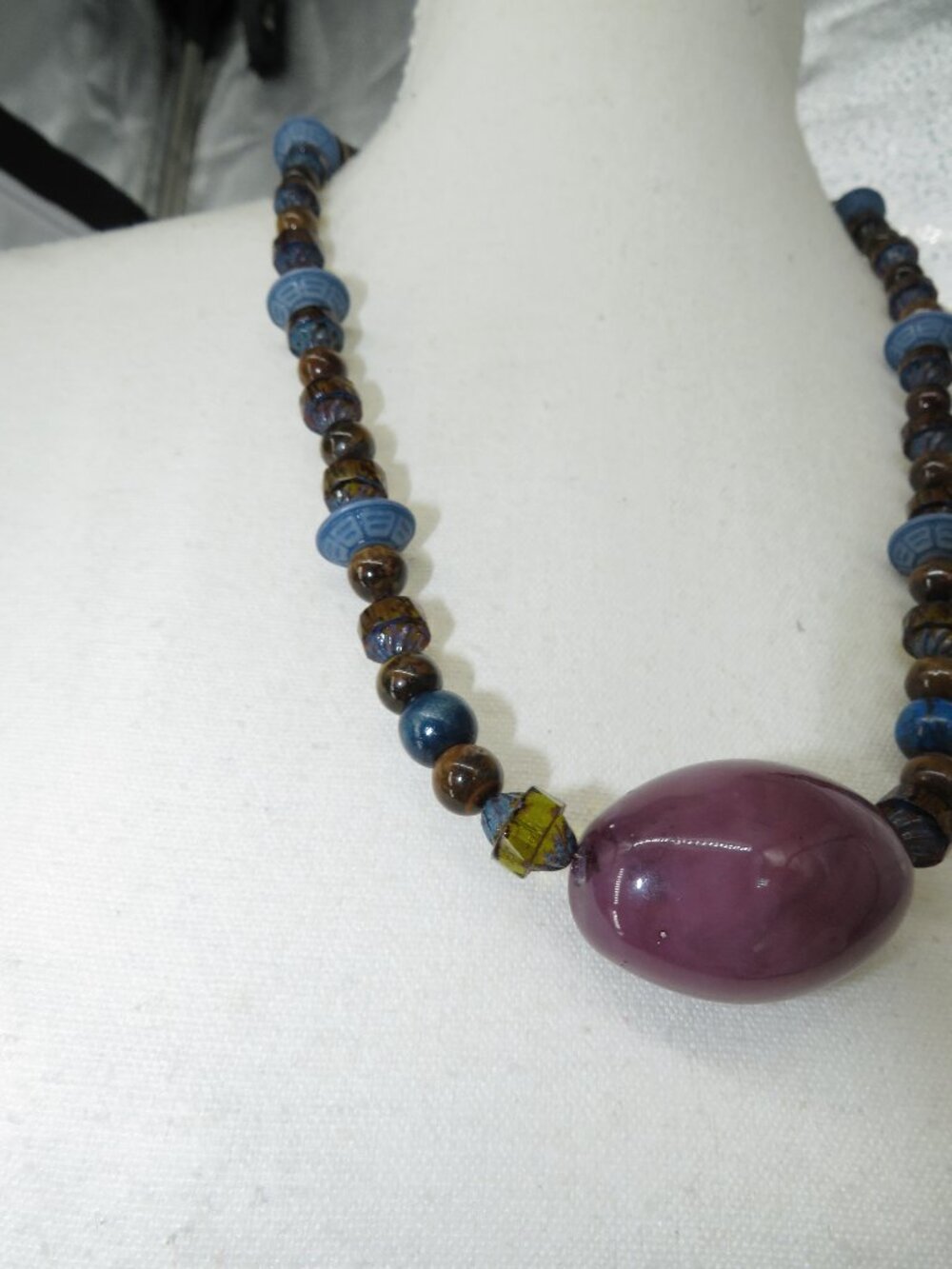 Beaded Chunky Gemstone Statement Necklace Purple Blue Brown Adjustable 24"-25.5"